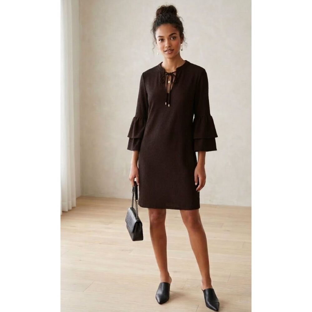 Maven West Textured Ruffle Bell Sleeve Tie Neck Y2K Dress Women's Size Small